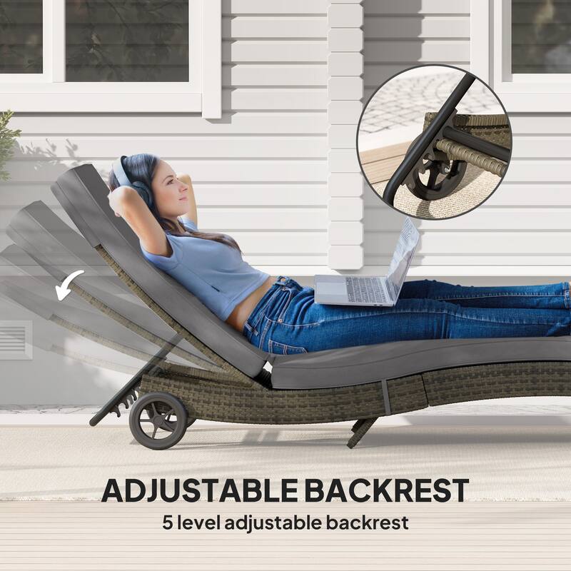 3 Piece Outdoor Rattan Chaise Lounge Chair Set with Cushions and Glass Top Side Table Adjustable Reclining