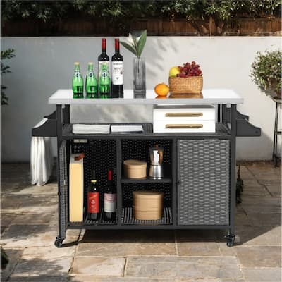 Outdoor Wicker Rolling Island w/ Stainless Steel Extended Top,Handle