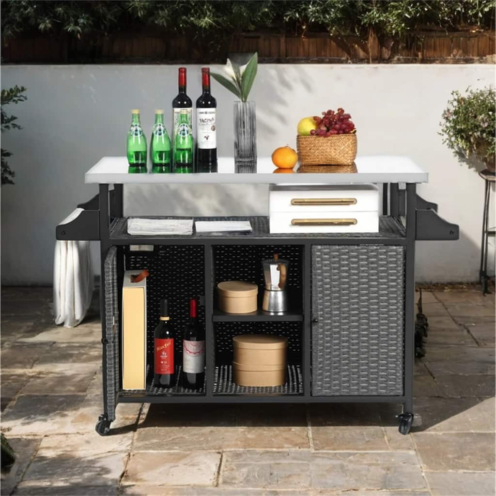 Outdoor Wicker Rolling Island w/ Stainless Steel Extended Top,Handle