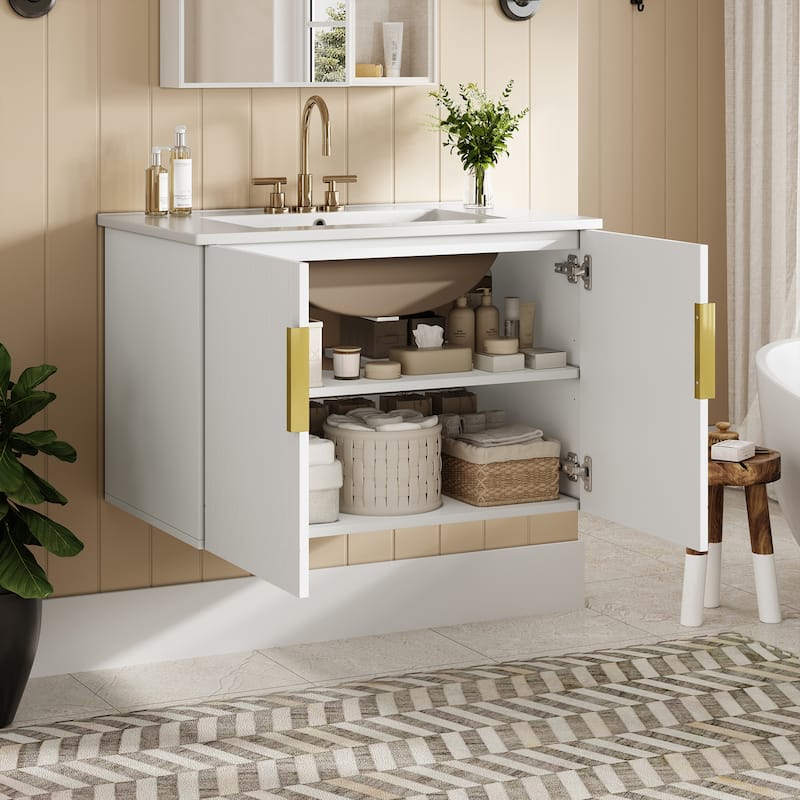 30" Classic Vintage Vanity Set – Ceramic 3-Hole Sink with 2 Soft-Close Cabinet Doors‌