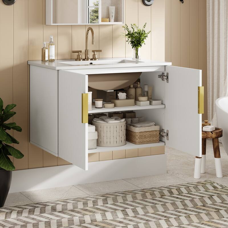 Wall-Mounted Bathroom Vanity with Ceramic Sink, Floating Bathroom Storage Cabinet, 30 Inch