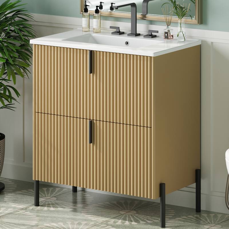 Bathroom Vanity with Ceramic Sink, Freestanding Bathroom Storage Cabinet, Fluted Bathroom Vanity with 2 Full-Extension Drawers - Natural
