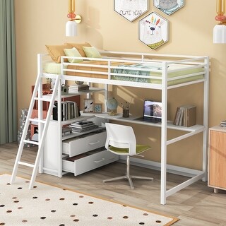 Modern Style Twin Size Metal&Wood Loft Bed with Desk and Shelves, Two Built-in Drawers,