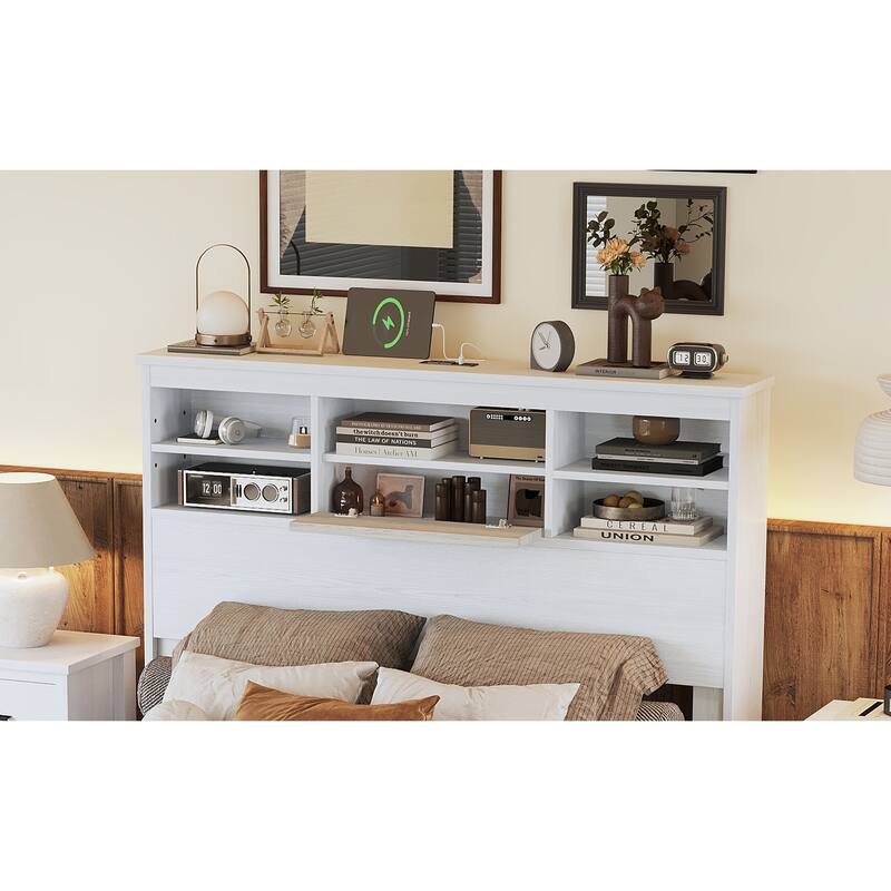 Queen MDF Platform Bed with USB Ports & Compartment Headboard