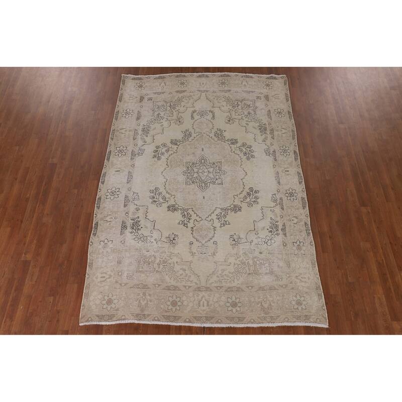 Geometric Distressed Tabriz Persian Vintage Rug Handmade Wool Carpet - 6'4"x 9'2"