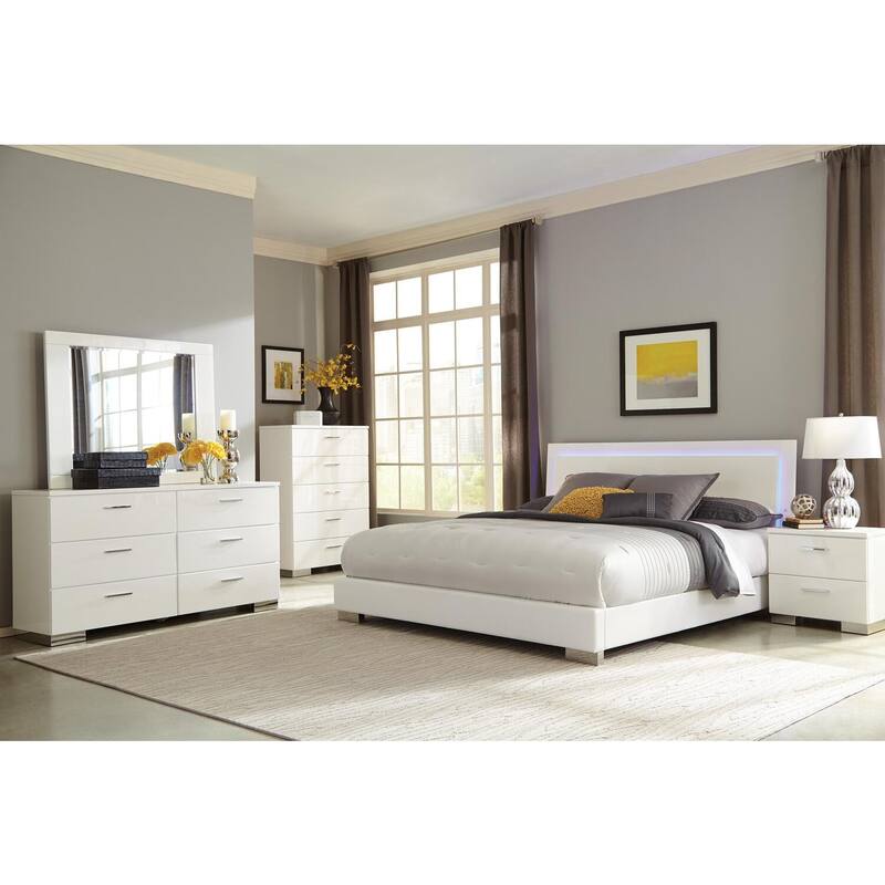 Felicity Queen Low Profile Bed in White with High Gloss Frame and Built-In Blue LED Backlighting