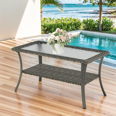 Stylish Outdoor Wicker Coffee Table with Glass Top