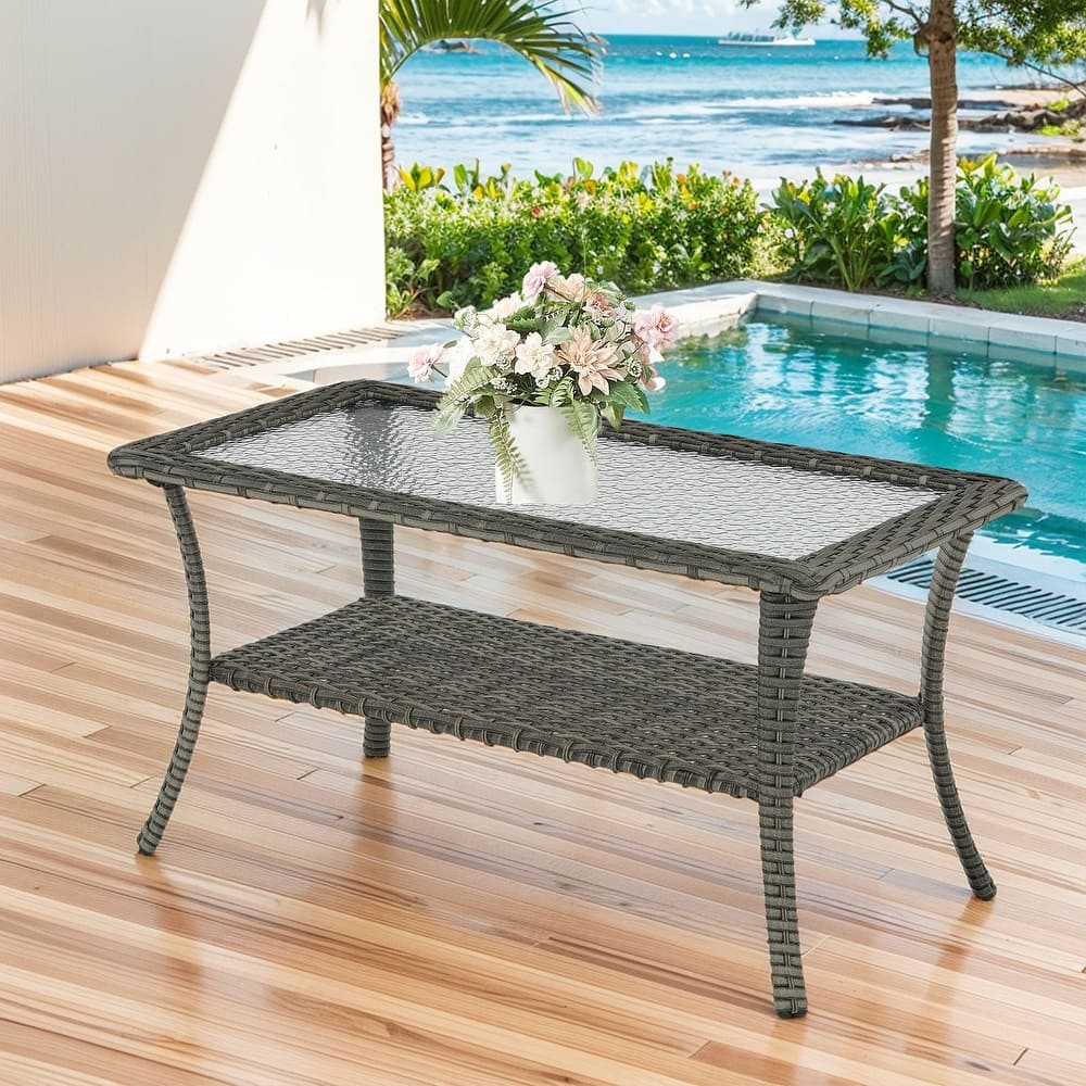 Stylish Outdoor Wicker Coffee Table with Glass Top