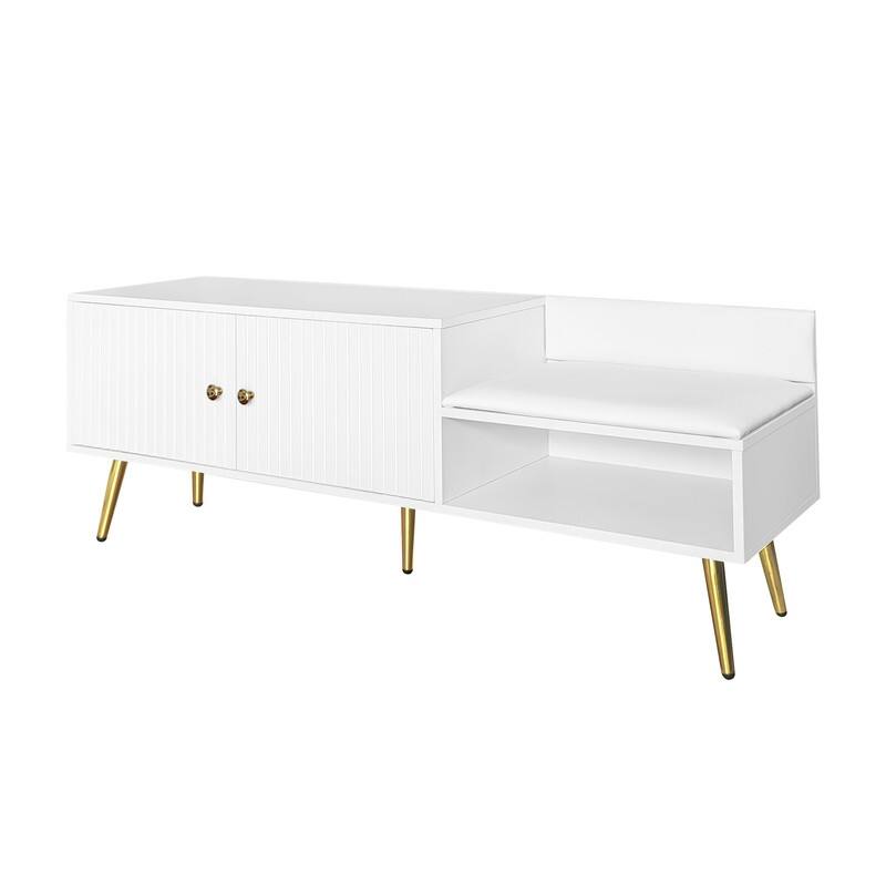 Modern Shoe Storage Bench with Storage Cabinet and Upholstered Cushions, Entryway Bench with Open Compartment for Living Room