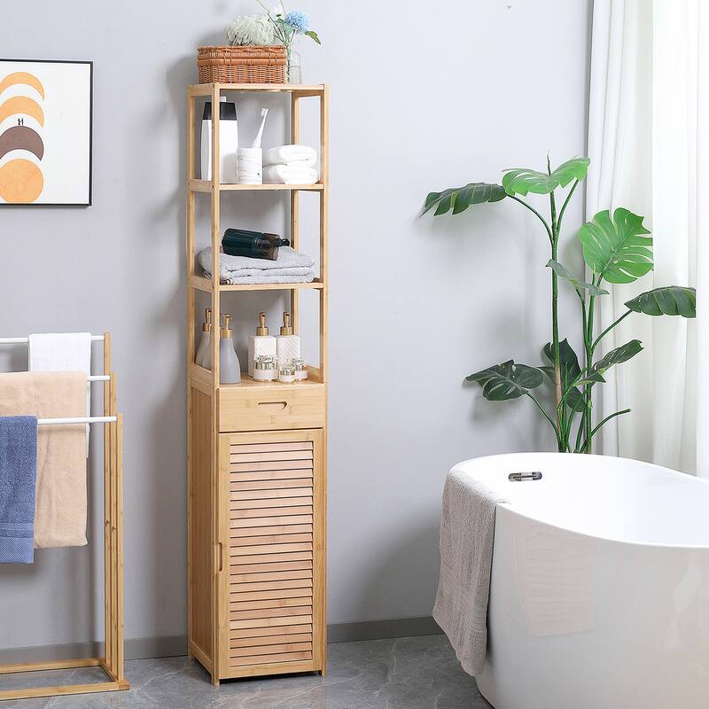 Natural Tall Bathroom Cabinet Display Cabinet with Open Shelves, Rustic Floor Cabinet with Louvered Door