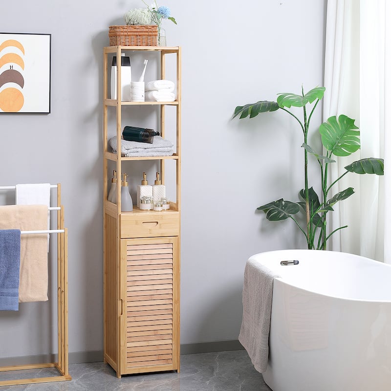 kleankin Tall Bathroom Cabinet with Drawer and Slatted Shelves, Slim Bamboo Linen Tower with Louvered Door - Wood Finish - Natural wood