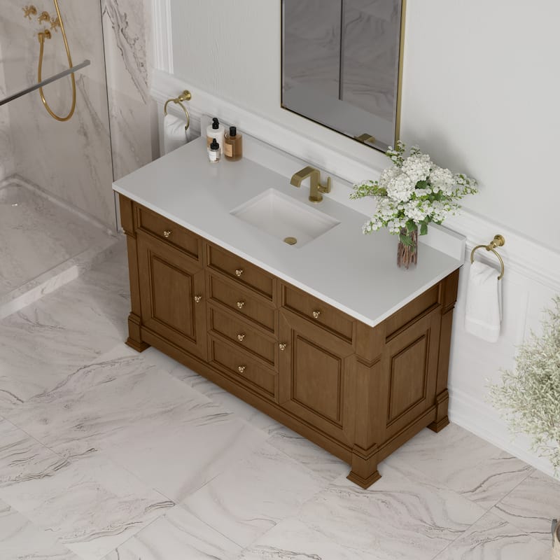 Brookfield 60S" Single Vanity, Honey Oak - White Zeus - Single Hole