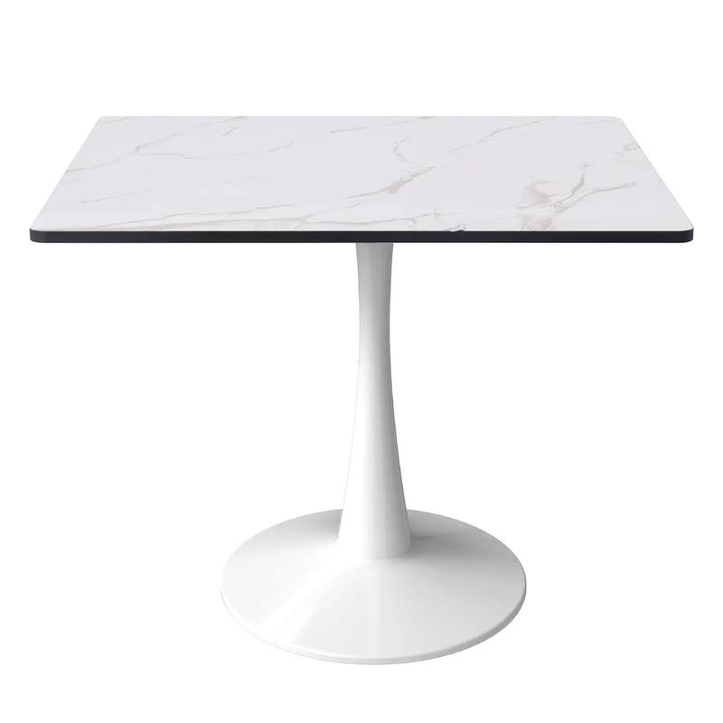 Bristol Square Dining Table with Marbled White MDF Top and White Steel Pedestal Base - 35 in.
