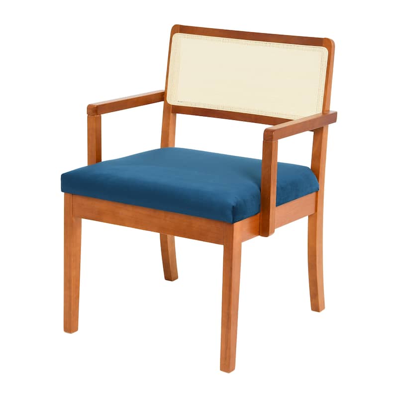 Solid Wood Arm Chair with Woven Cane Back and Velvet Upholstered Seat - Dark Blue