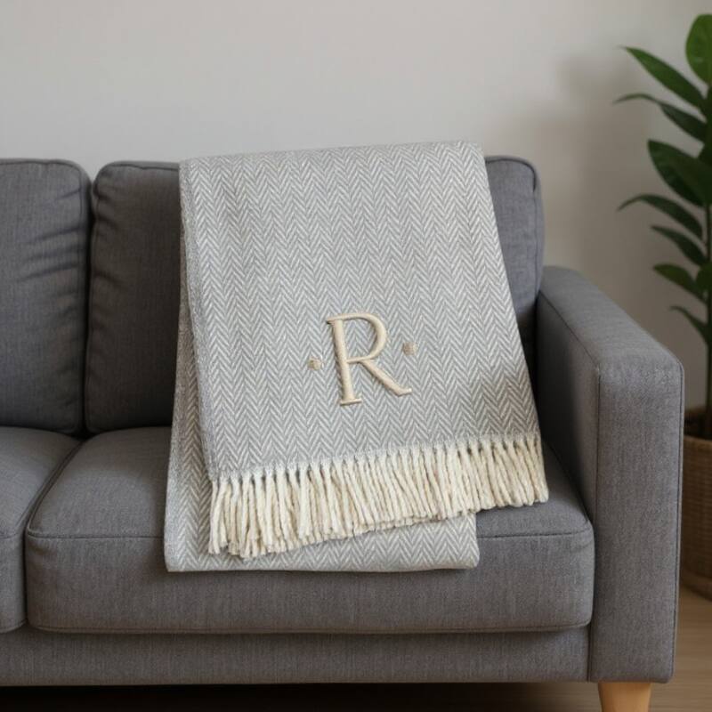 55" X 70" Gray And White Herringbone Cotton Blend A Initial Throw Blanket with Tassels And Embroidery