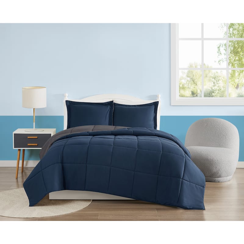 My World Solid Reversible 3-piece Comforter Set - Twin - Twin XL - Dark Blue/Dark Grey