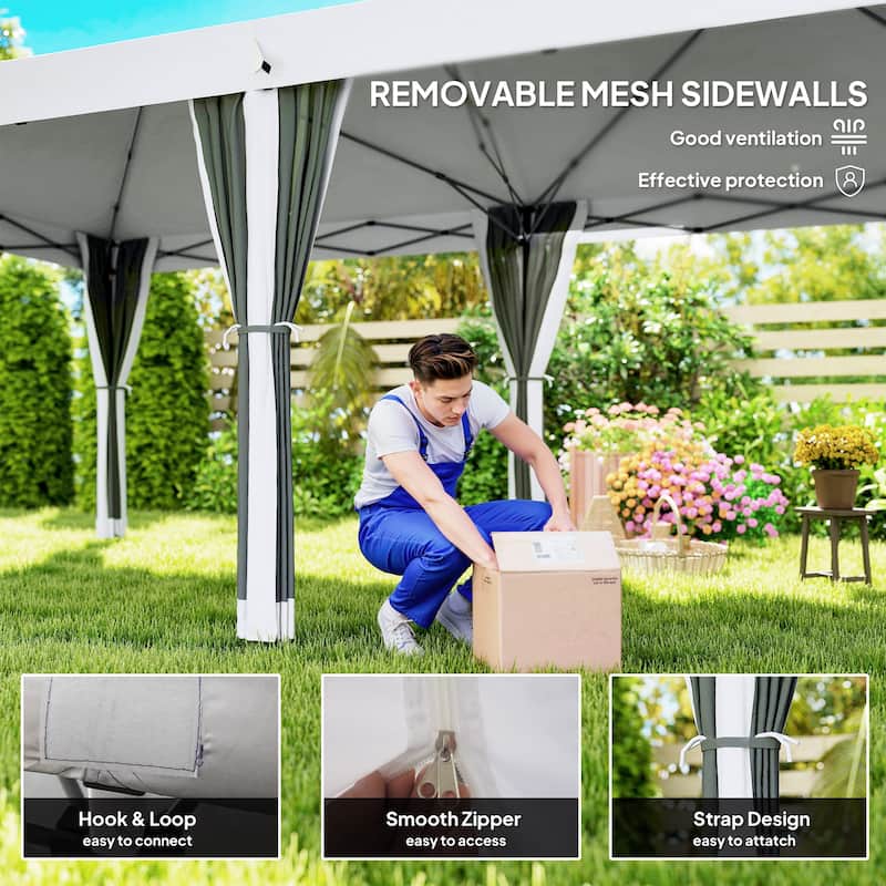 Pop-Up Canopy Tent with Mesh Panels Cream White Oxford Fabric, Powder-Coated Steel Frame - 230.25" L x 116.25" W x 106.25" H