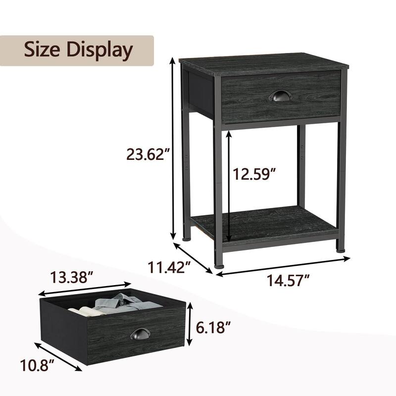 Nightstands Set of 2, Industrial End Table with Fabric Drawer&Storage Shelf, Small Bedside Table Organizer for Small Space