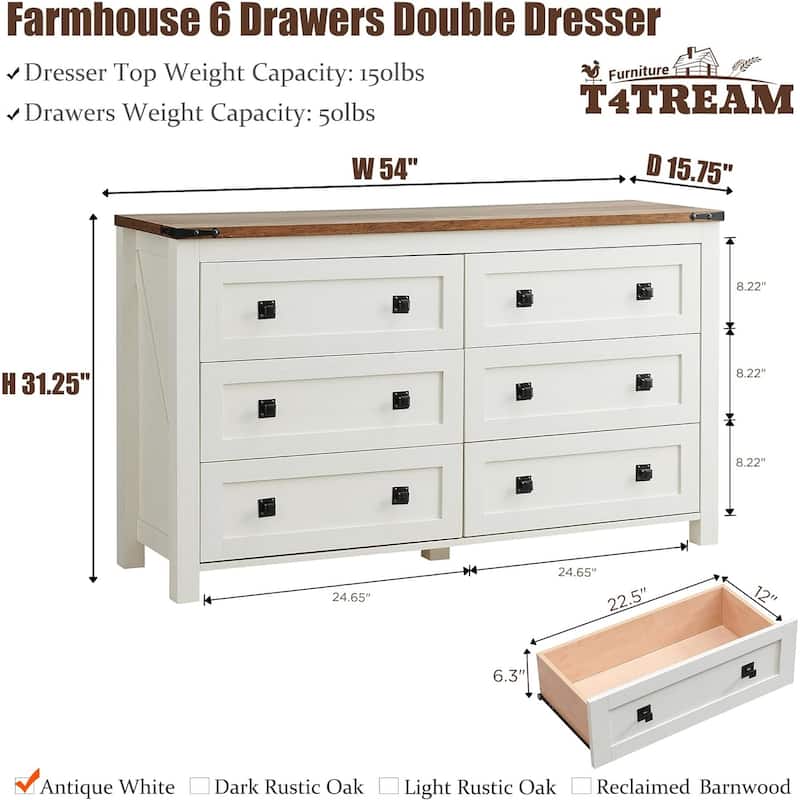 Farmhouse 6 Drawer Dresser, Wood TV Stand, Chest of Drawers
