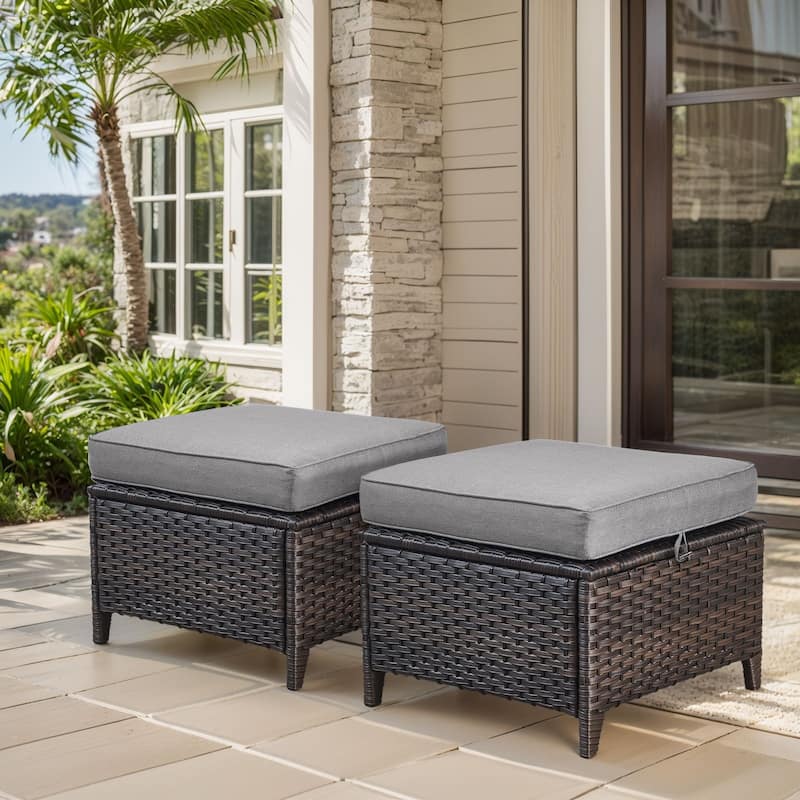 Outdoor Patio Ottoman for Swivel Chairs - Brown Wicker Grey Cushion - 2 Pieces Ottoman