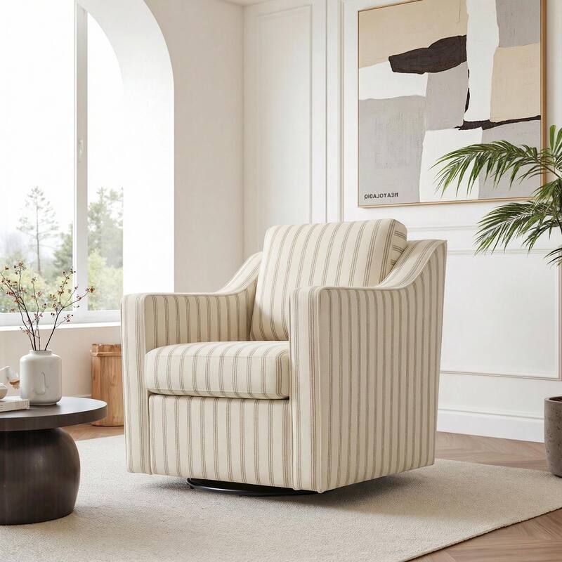 UIXE Chenille/Leather Swivel Barrel Chair Accent Chairs For Living Room - Fabric - PinStripe Light Brown