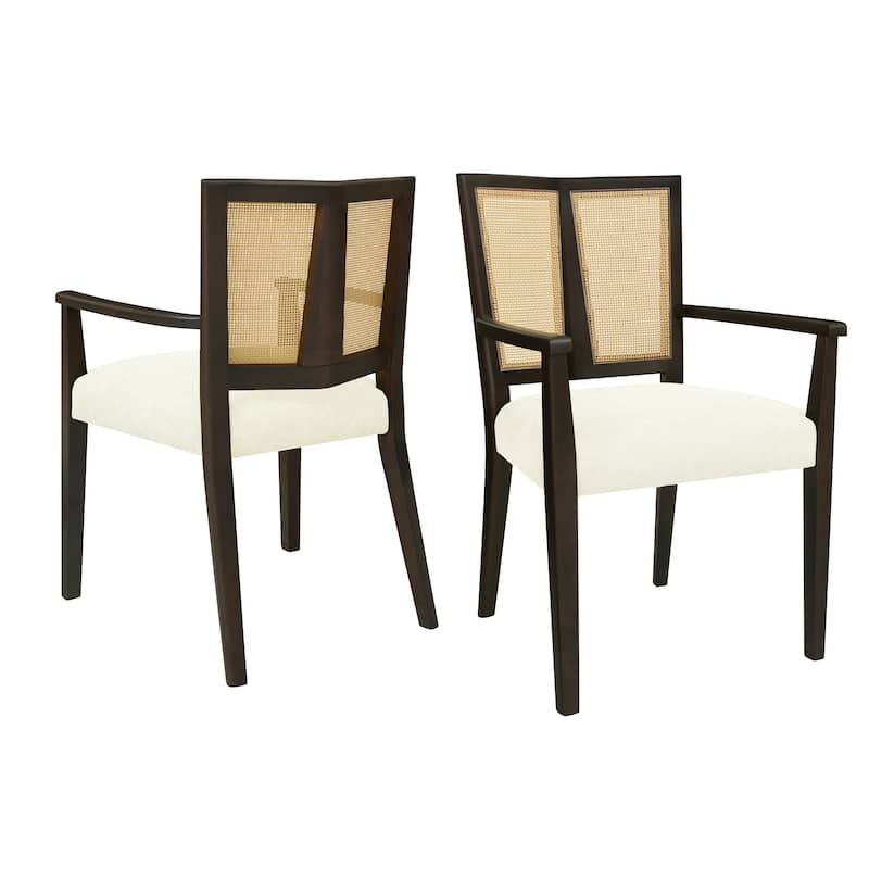 2-Piece Mid-Century Dining Chair Set, Rattan Backrest Accent Chairs Modern Upholstered Armchairs with Wooden Frame