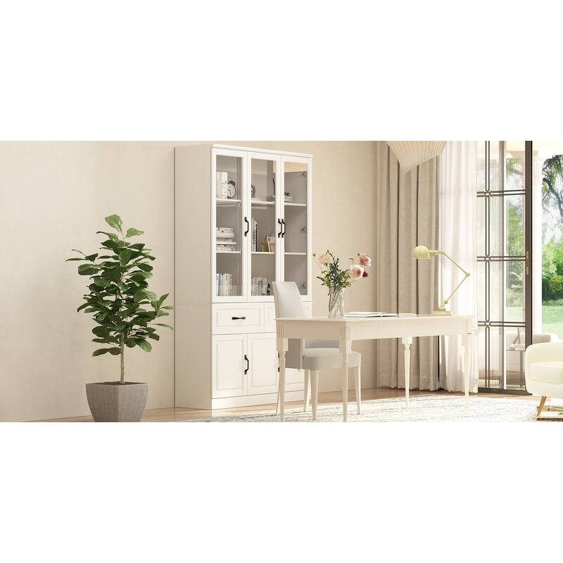 78.7" Large Combo Storage Cabinet Display Bookcase Glass Doors Pantry