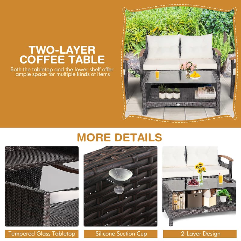 Costway 4PCS Patio Rattan Furniture Set Cushioned Sofa Storage Table