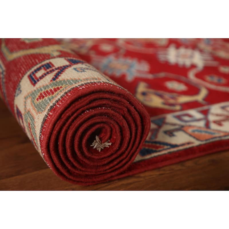 Red Geometric Kazak Oriental Traditional Wool Runner Rug Hand-knotted - 2'8" x 9'8"