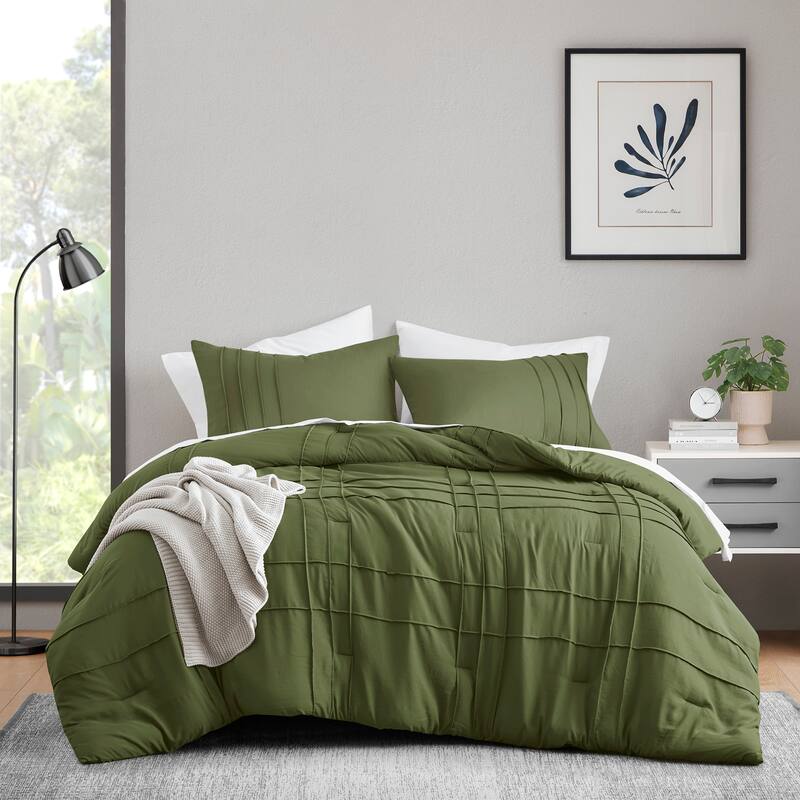 Chelsea Square Evans Pinch Pleated Soft Washed Boho Comforter Set - Olive Green - King