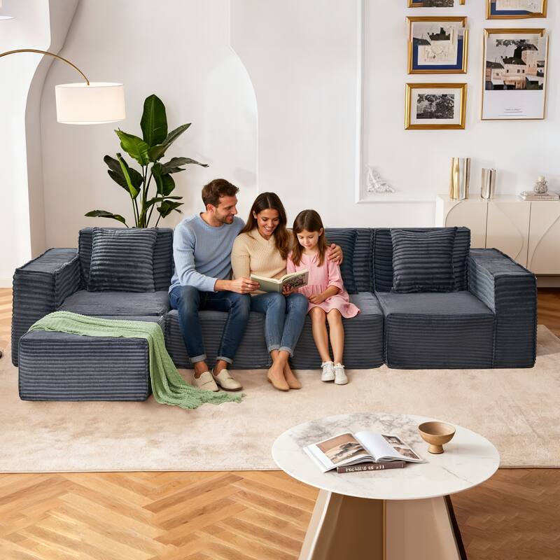 L-Shaped Modular Sectional Sofa with Ottoman, Striped Corduroy Deep Seat Cloud Couch, Large 4-Seat Corner Sofa