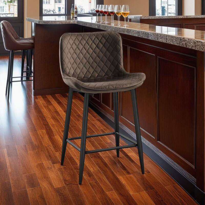 Aniya Counter Stool Chair Set of 2, Black Metal Legs, Brown Velvet