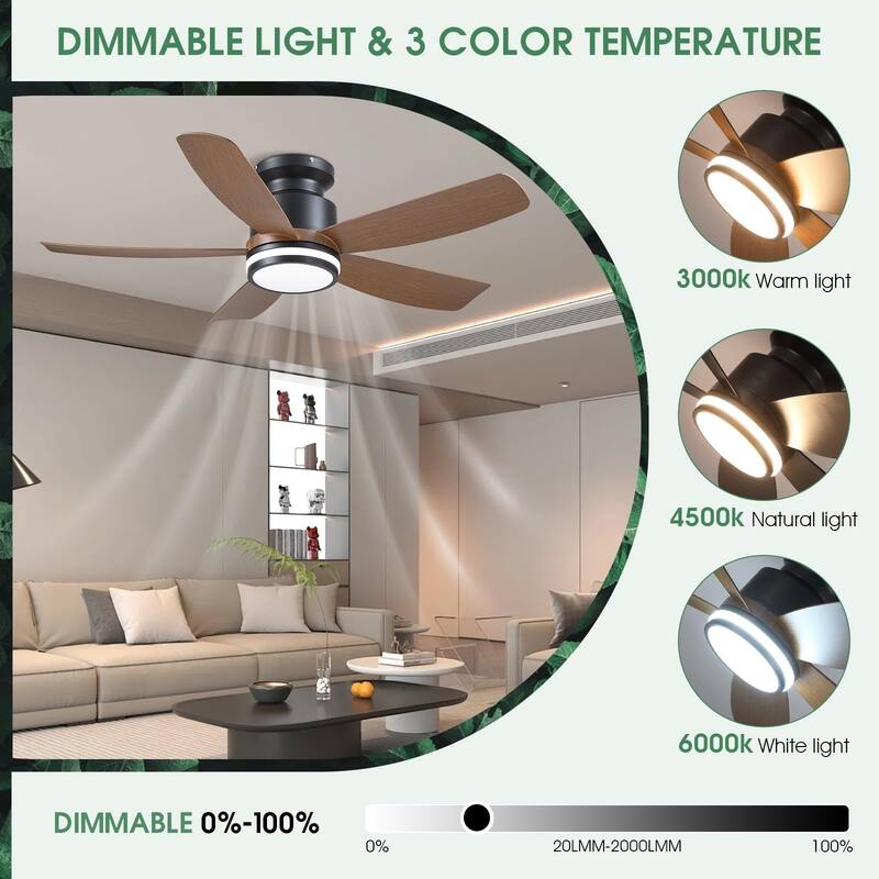 41 Inches Ceiling Fan with Light,5 ABS Blades,Flush Mount Low Profile Ceiling Fan with LED Light and Remote - 41 Inches