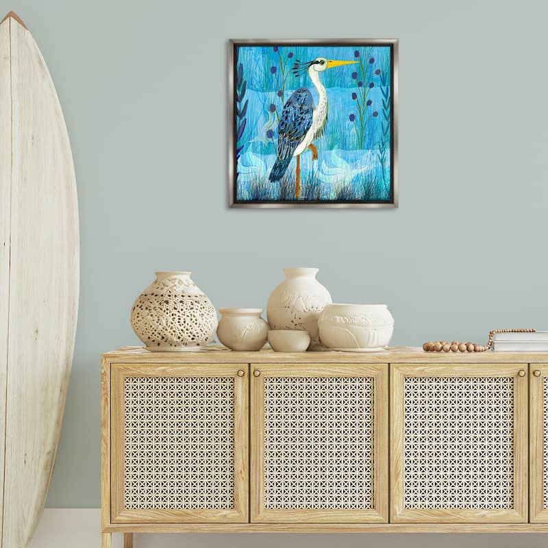 Stupell Standing Crane with Blue Tones Framed Floater Canvas Wall Art Design By Kay Widdowson