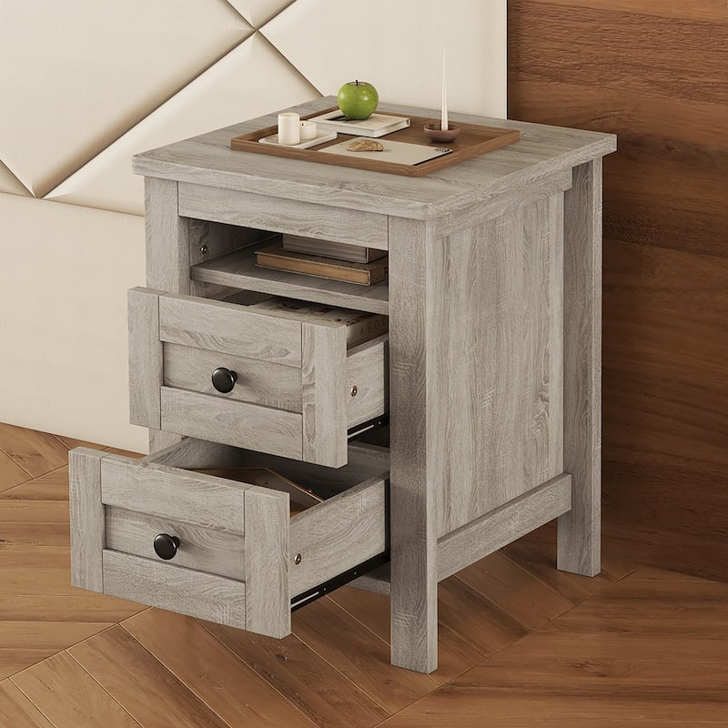 2-Drawer Farmhouse Wooden Nightstand with Sleek Lines, Wood Side Table with Storage Cabinet for Bedroom