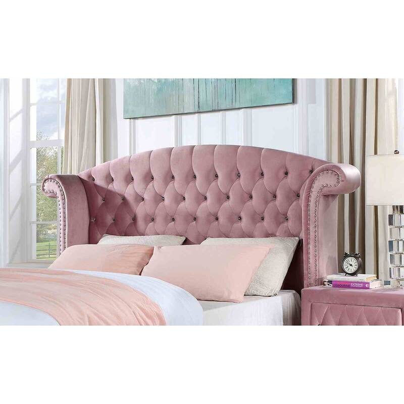 Pink Finish Fully Upholstered 1PC Glam Button Tufted Bed