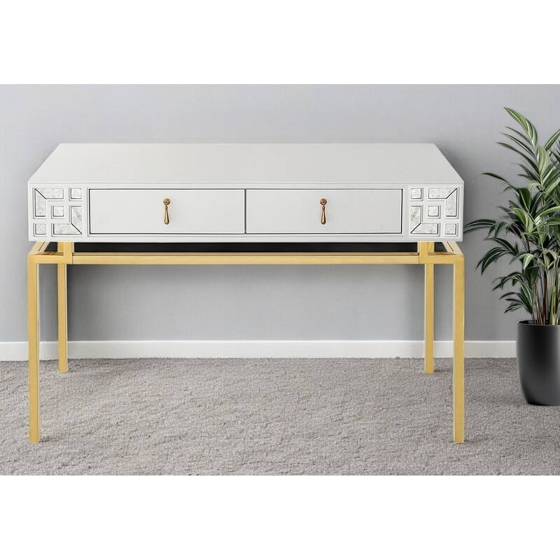 HomeRoots 47" White and Gold Wood Console Table With Two Drawers - 47.20 in. x 29.50 in. x 15.70 in. - White