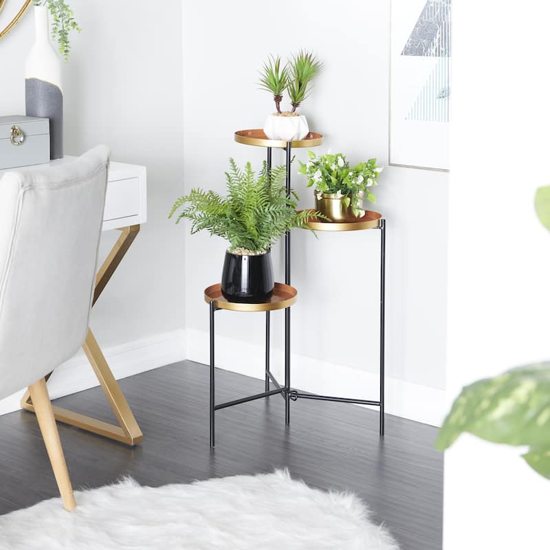 Metal Foldable 3 Tier Indoor Plantstand with Enameled Interior - Orange - Roche River Decor