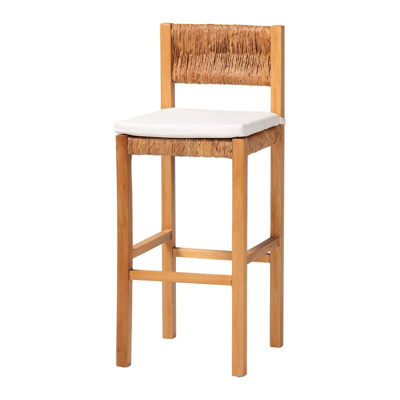 Pava Woven Seagrass Bar Stool - Solid Mahogany Wood Stool with Textured Back, Coastal Boho Seating for Kitchen or Lounge - Bar Height