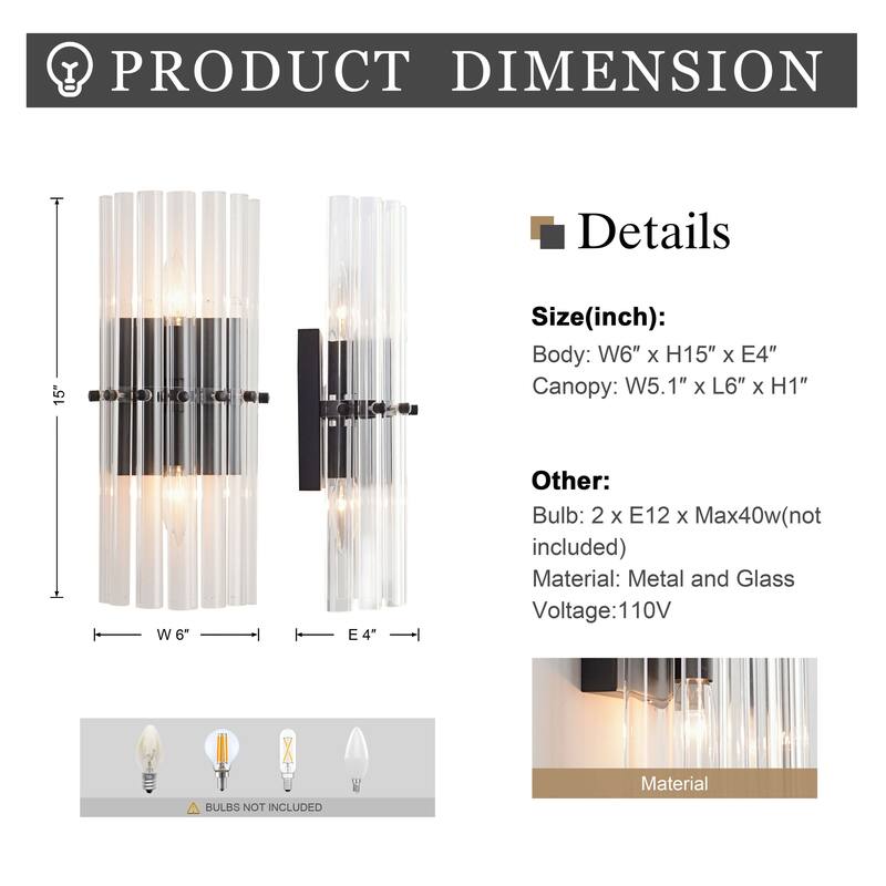 Casandra 2-Light Crystal Glass Bar Wall Sconce - 6 inches W x 15 inches H x 4 inches D