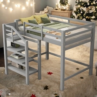 Full Size Loft Bed with Built-in Storage Staircase and Hanger, Grey