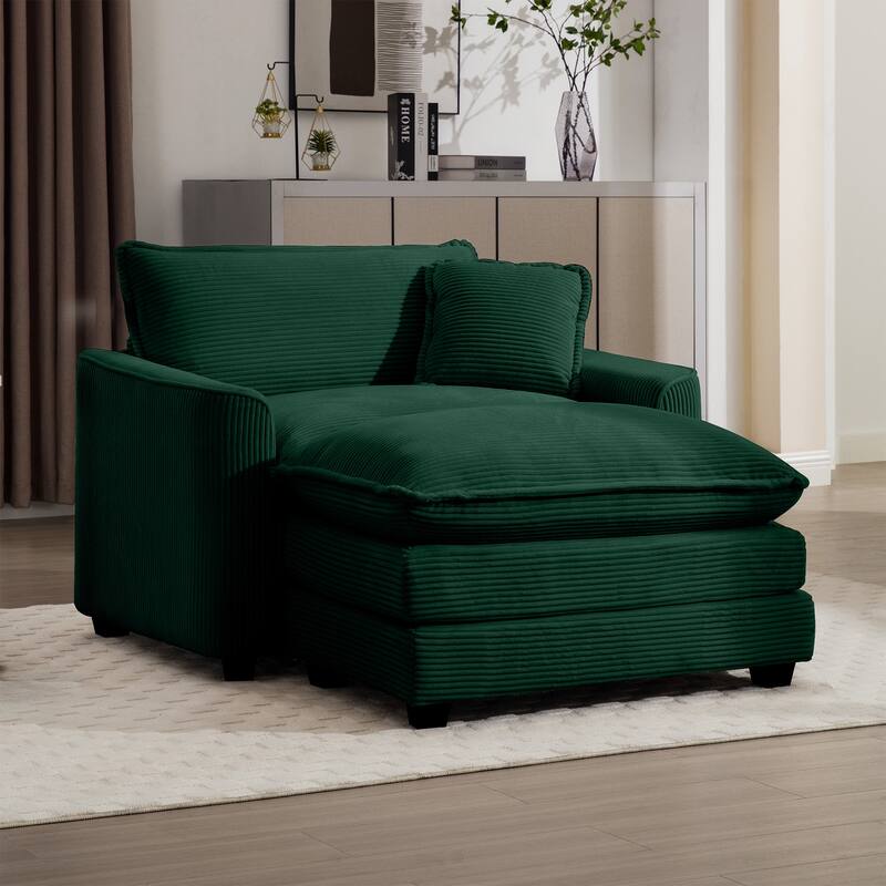 Corduroy Fabric Deep Seat Sofa with Ottoman, Single Deep Seat Accent Sofa Chair with Pillow for Livingroom