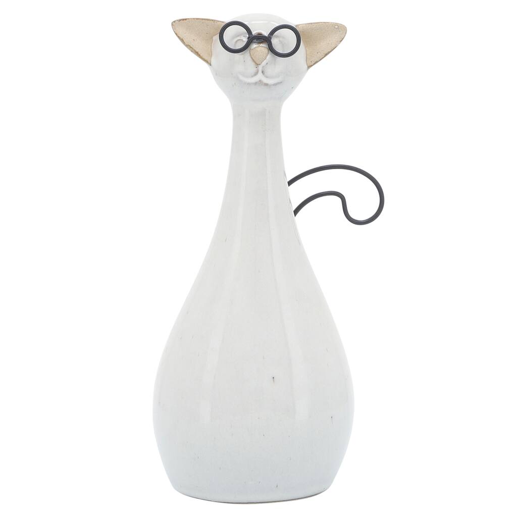 7" Cat with Glasses Sculpture Contemporary Ceramic White Cat Statue with Black and Beige Accents for Home or Office