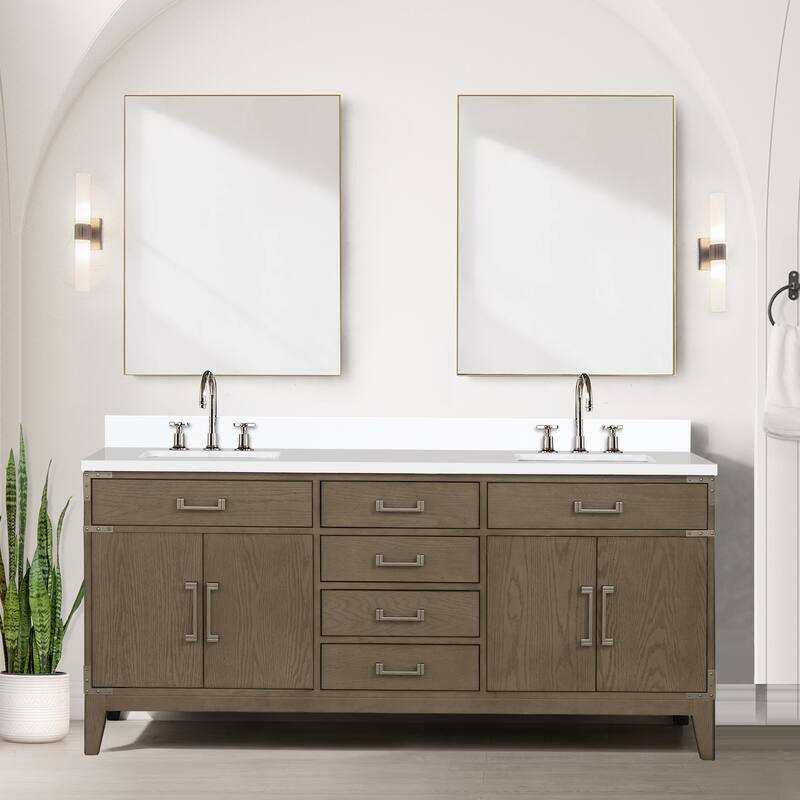 Laurel 60 in W x 22 in D Black Oak Double Bath Vanity, White Quartz Top, Faucet Set, and 28 in Mirrors