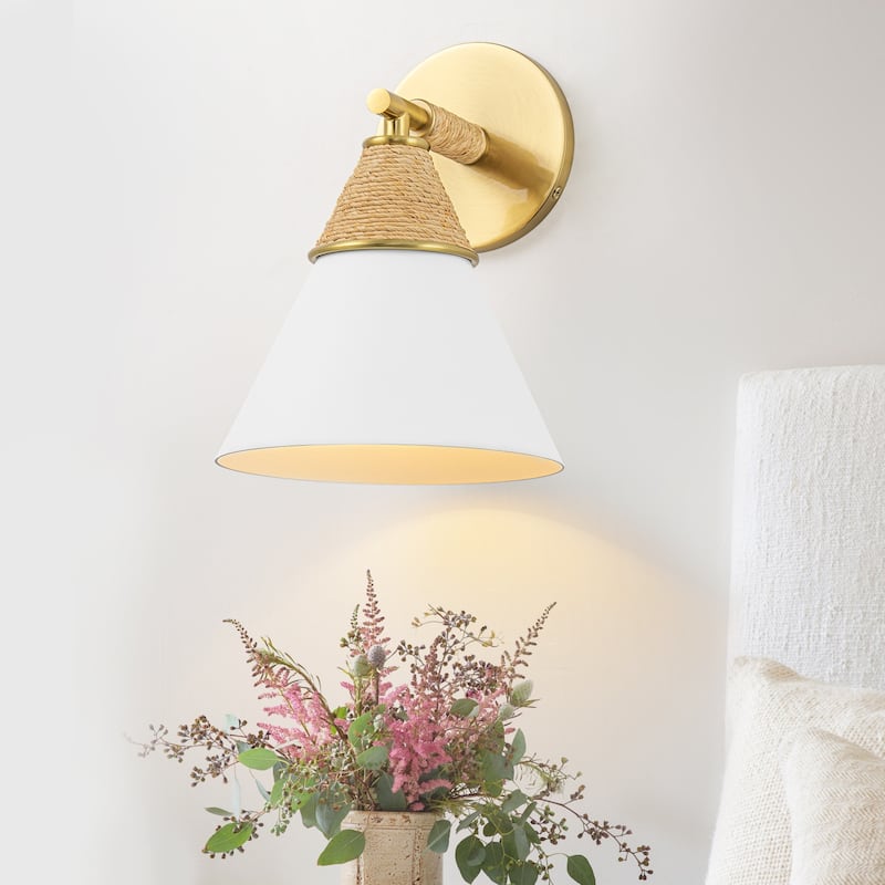 Wall Sconce with Milky Metal Cone Shade and Hand-Wrapped Jute Rope - Gold