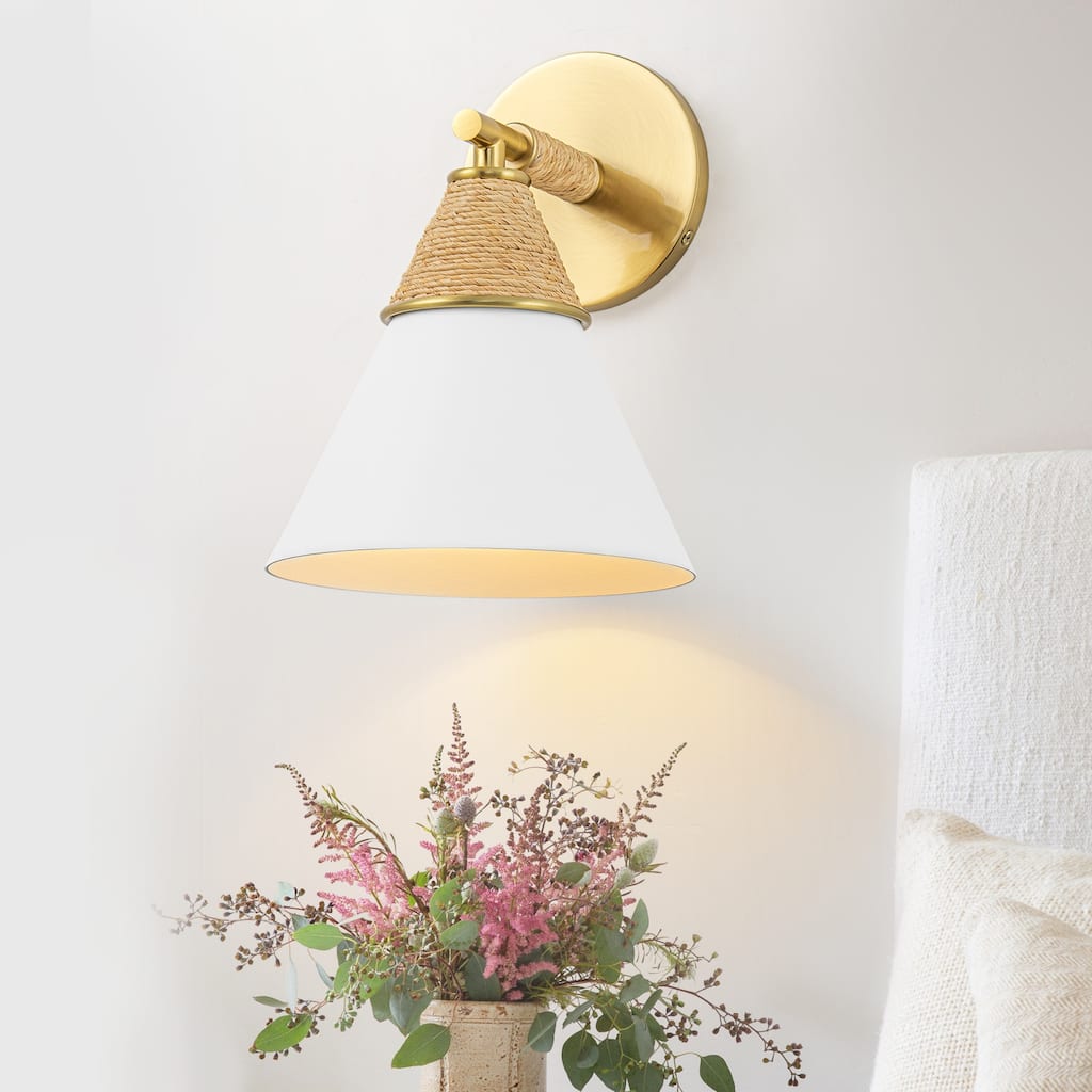 Wall Sconce with Milky Metal Cone Shade and Hand-Wrapped Jute Rope