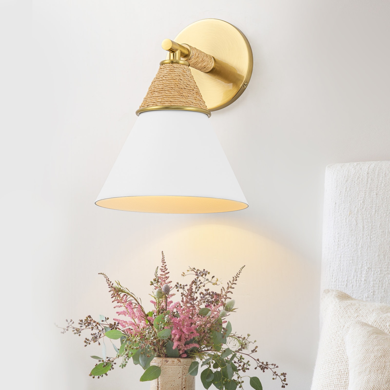 Wall Sconce with Milky Metal Cone Shade and Hand-Wrapped Jute Rope - W 8-in