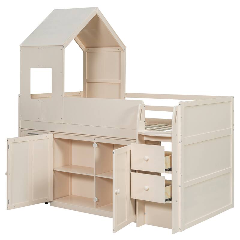 House-Style Kids Loft Bed Frame with Cabinets, Desk, Twin Size Wooden Loft Bed with Safety Guardrail & Storage Ladder
