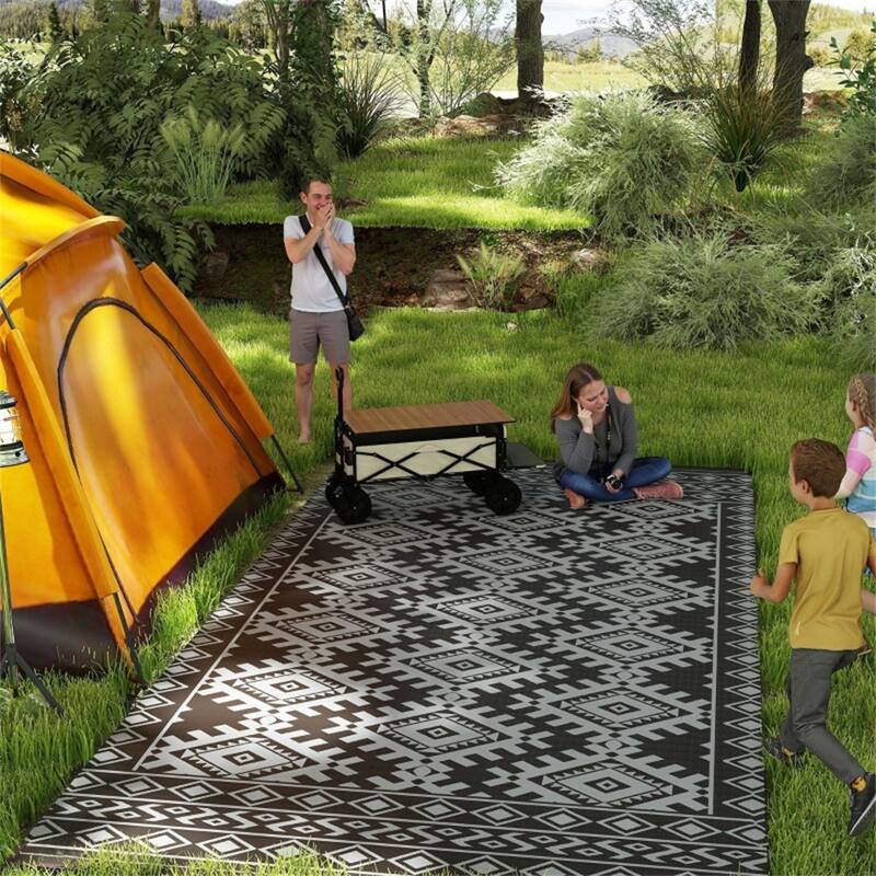 Reversible Outdoor Rug Rhombus Border UV Protected Foldable Camping RV Patio Picnic Mat