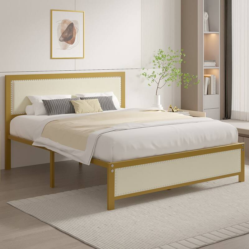 Metal Bed Frame with Linen Upholstered Nailhead Headboard, Platform Bed with 12.6" Under Bed Storage, No Box Spring Needed